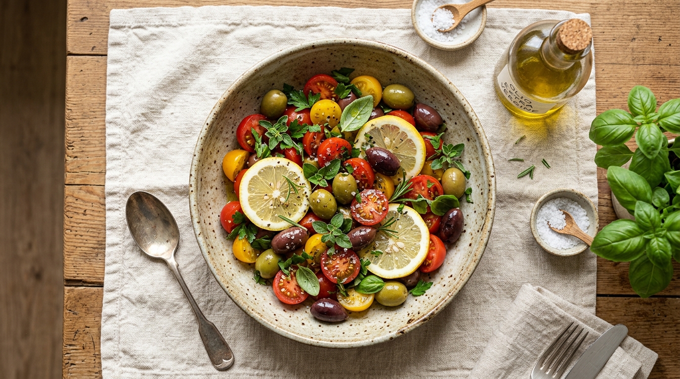 Ingredienti freschi mediterranei in una ciotola ceramica