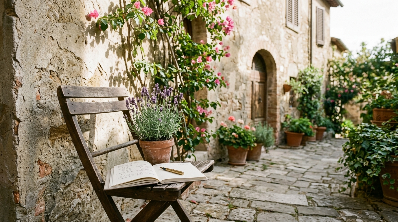 Cortile italiano soleggiato con sedia e taccuino